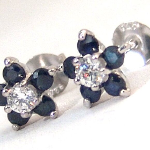 Genuine Sapphire Sterling Silver Stud Earrings Anti-tarnish Flower Design - Picture 4 of 8